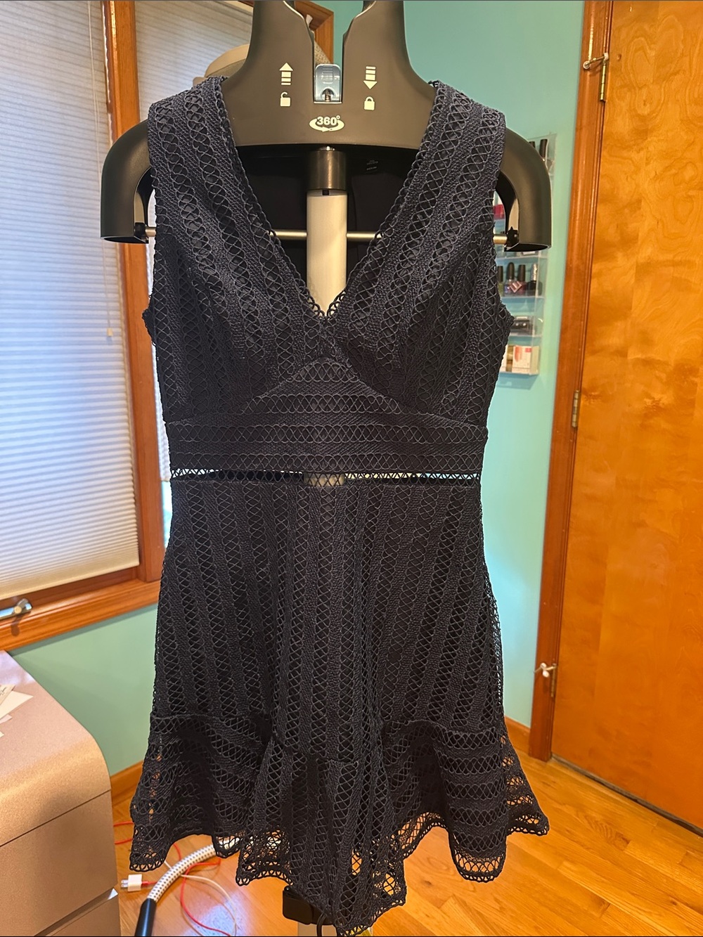 Aqua Navy Lace V-Neck Mini Dress